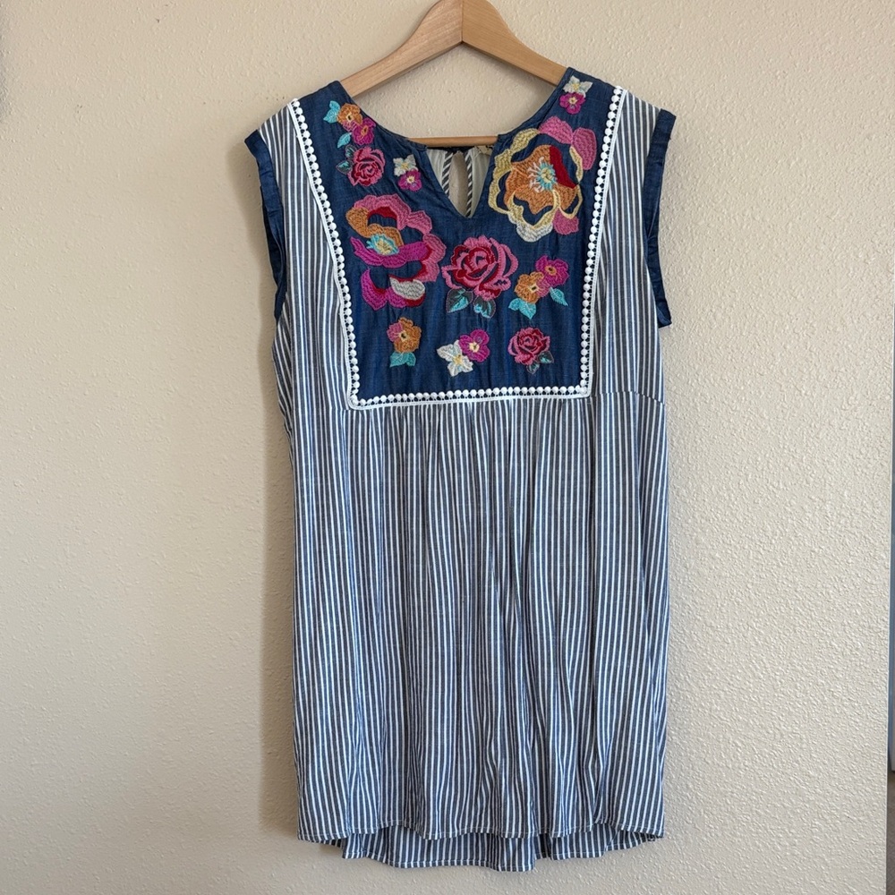 Savanna Jane Navy Stripe Dress with Multicolor Floral Embroidery